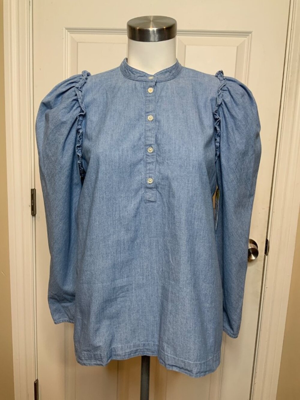 J.Crew Denim Blue Chambray Ruffle Trim Pop0ver Blouse Shirt, Size S